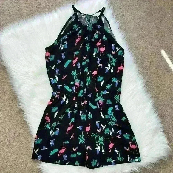 Loft Tropical Bird & Palm Tree Print Short Romper Small - Picture 1 of 7